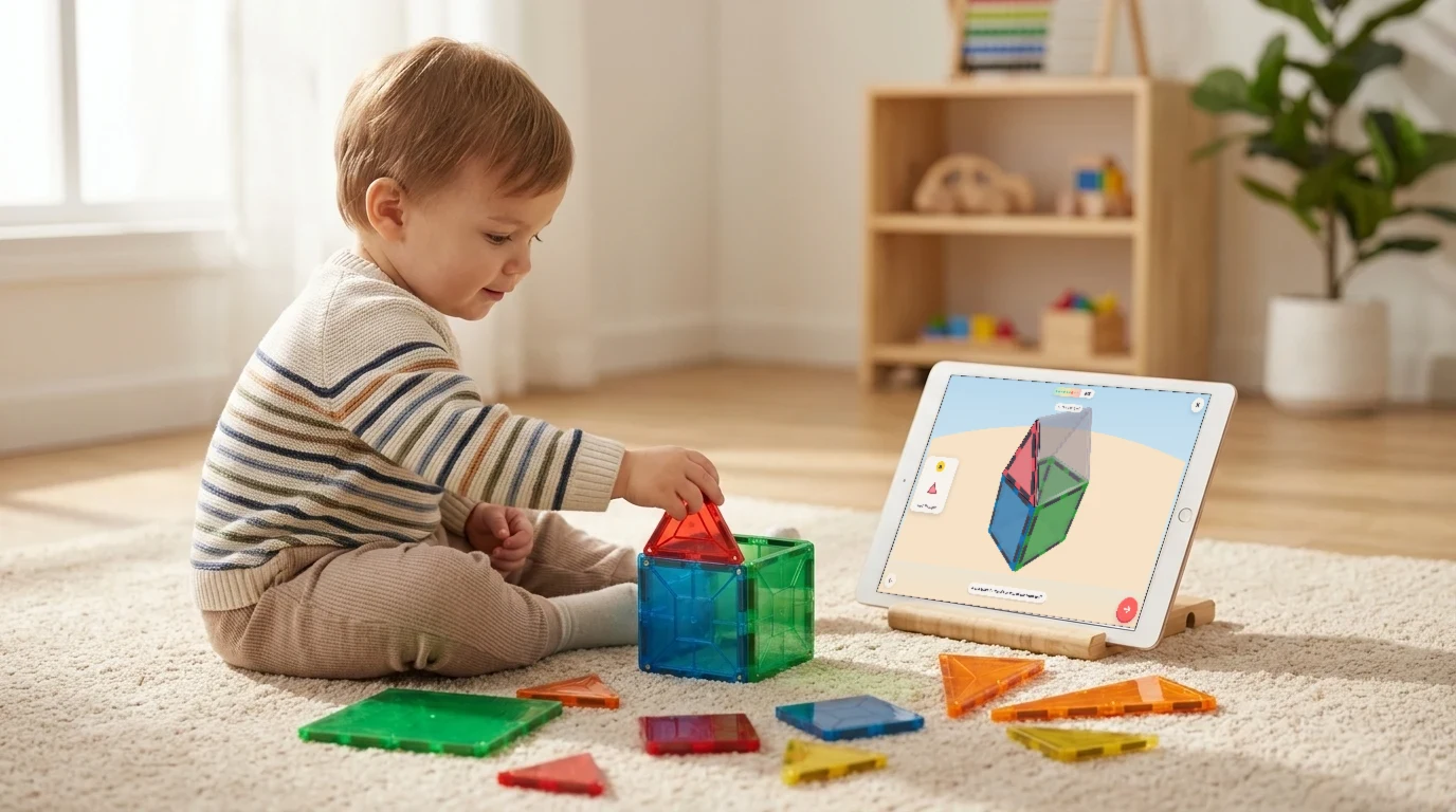 A toddler building with real magnetic tiles while Tileboo guides on a tablet